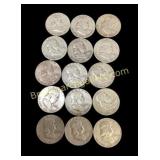 Fifteen Franklin Half Dollar Coins