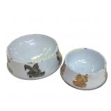 Two Metal Pet Bowls with Cat Designs