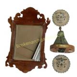 Wooden Mirror, Plaques, and Metal Figurine