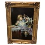 Framed Oil Painting of Child and Dog