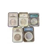 5 Graded Morgan & Peace Silver Dollars