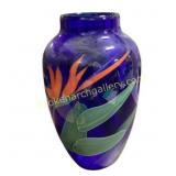 Cobalt Blue Glass Vase with Floral Design