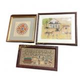 Framed Embroidery and Artwork Trio