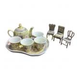 Miniature Porcelain Tea Set and Miniature Chairs