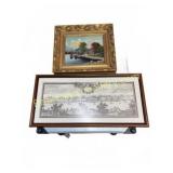 Framed Landscape Oil Painting and Engraving