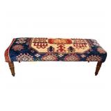 Kilim/Kazak-Upholstered Turned-Leg Bench