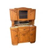 French Art Deco Carved Oak Marble-Top Buffet