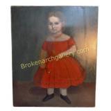 American Folk Art Portrait of Girl in Red Dress