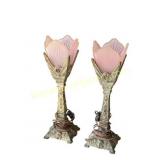 Art Deco Torchere Lamps with Pink Glass Shades