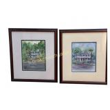 Pair of Watercolor Prints with Southern Mansions