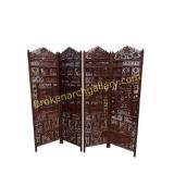 Hand-Carved Four-Panel Wooden Room Divider Screen