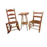 Ladder back rocker, chair and side table