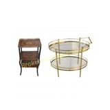 Brass Bar Cart and Tiered Marquetry Stand