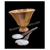 Wooden Pedestal Bowl, Shell utensils