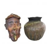 Folk Art Face Vessel & Rustic Pottery Jar