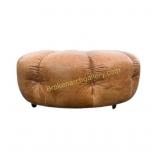 Button-Tufted Tan Leather Ottoman