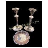 Pair Weighted Sterling Sticks, Plated Dish