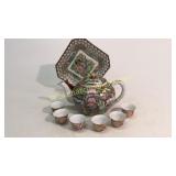 Famille Teapot, 6 Sake Cups, Butterfly Plate