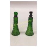 Pair Green Glass Vanity Bottles, Sterling Collars
