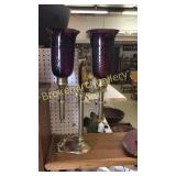 Brass Table Lamp W Etched Purple Shades