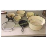 6 Pieces Enamel Ware, Cast Iron Pan, Dog Dish