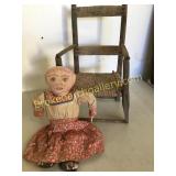Early Hand Made Childs Chair and Cloth Doll
