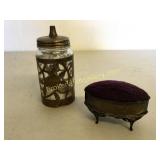 Silver Overlay Bottle, English Silver Pin Cushion