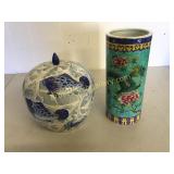 Cylinder Form Dragon Vase, Lidded Fish Jar