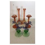 4 Pair Colored a Glass Candlesticks