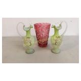 Cranberry Cut Vase, Pair Satin Glass Ewers