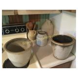 5 Pieces of Assorted Stoneware & Wooden Utincles