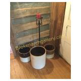 3 Vintage Pickling Crocks & Iron Candle Stand