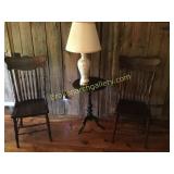 2 Oak Pressed Back Chairs, Candle Stand, Lamp