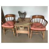 2 Maple Captains Chairs, Side Table, Metal Rooster