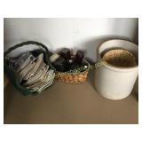 Pickling Crock, 3 Baskets, 7 Vintage Bottles