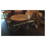 Round Oak Table and 4 Press Back Chairs