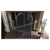 Brass Fire Screen, Andirons, Tools