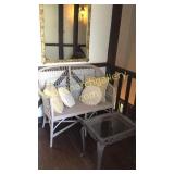Wicker Settee, Cast Iron Table, Mirror