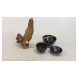 3 Pieces Asian Pottery, Carved Bird