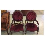 Pair Walnut Victorian Parlor Open Armchairs