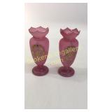 Pair Gilt Decorated Satin Glass Vases