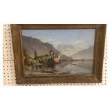 Oil on Board Castle and Lake Scene