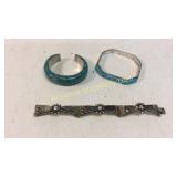 3 Silver, Turquoise and Abalone Bracelets