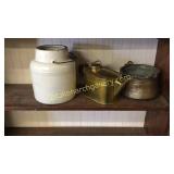 Crock, Brass Oil Can, Copper Pot, & Kneading Board