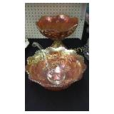 2 Merigold Carnival Glass Punch Bowls