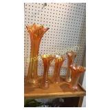 5 Marigold Carnival Glass Vases