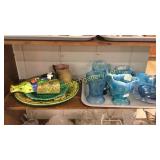 10 Pieces Blue Glass & 5 Majolica Style Items