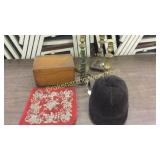 Hunt Hat, Candlesticks, Wood Box, Pillow Cover