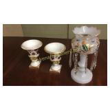 Mary Gregory Style Mantle Luster & Pair Table Urns