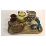 2 Teapots, 6 Pieces Studio Pottery